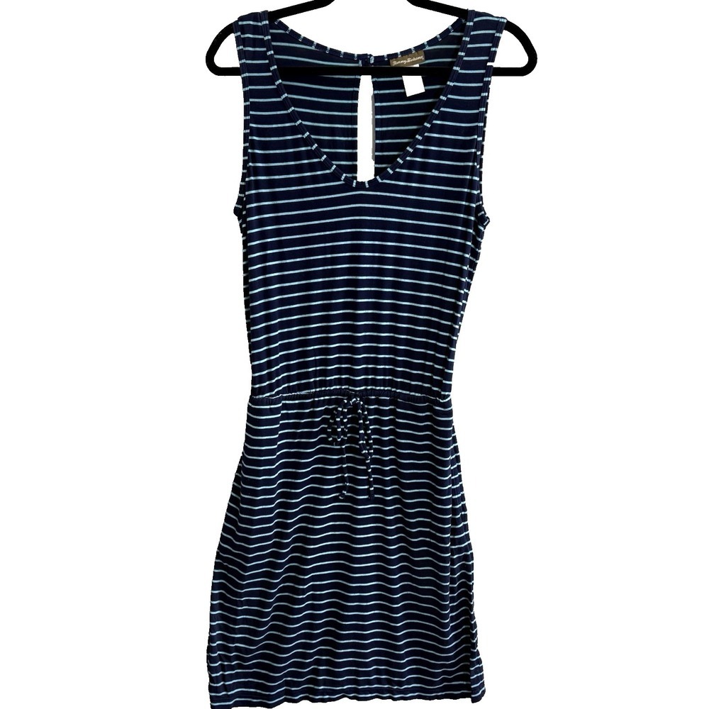 TOMMY BAHAMA Women Strip Split Back Cinch Waist Tank Dress Sz XS Blue 64-8